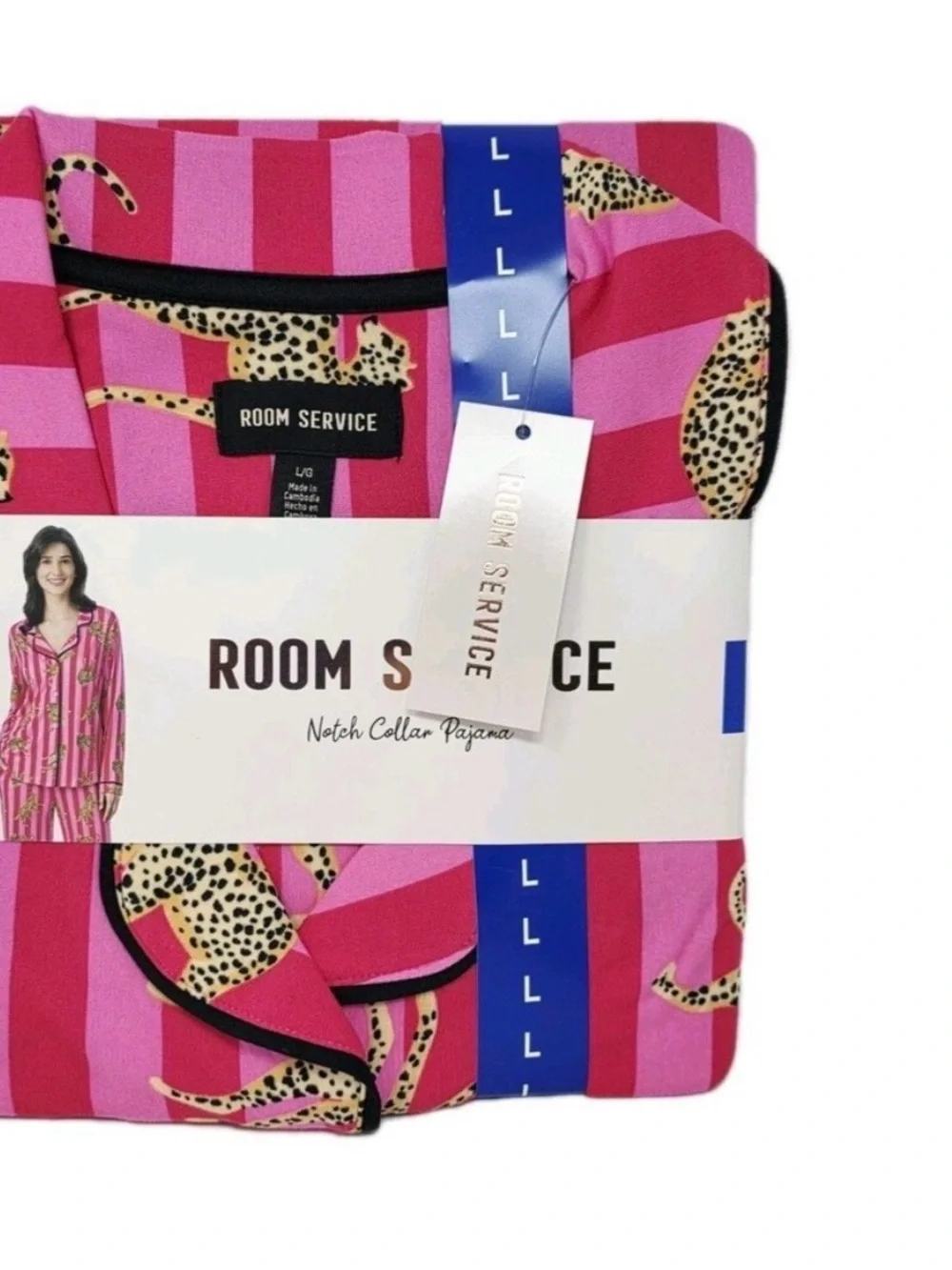 Room Service Women's Notch Collar Pajama Set in Pink & Fuchsia Stripe